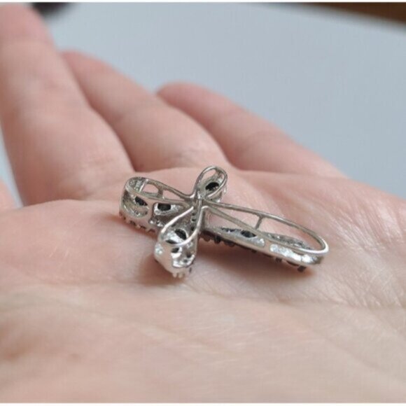 Vintage 10K Luxury White Gold Black White Clear Diamond Crystal Cross Pendant - Picture 10 of 12